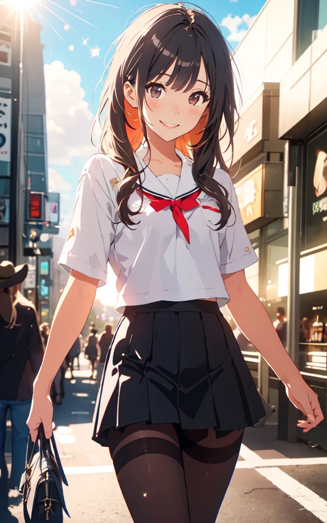 Front facing, facing this way、
A more beautiful smile、
More cute casual summer outfits、Cute mini skirt、
More beautiful thighore beautiful colorful pantyhose、
Beautiful dark clouds, (Cowboy Shot:1.4), Beautiful and realistic,
Beautiful masterpiece, Beautiful and top quality, Beautiful backlight, (Lens flare:1.1), (bloom:1.1), (chromatic aberration:1.1)
Shibuya Center Street High Resolution, masterpiece, Highest quality, Sparkle Effect,