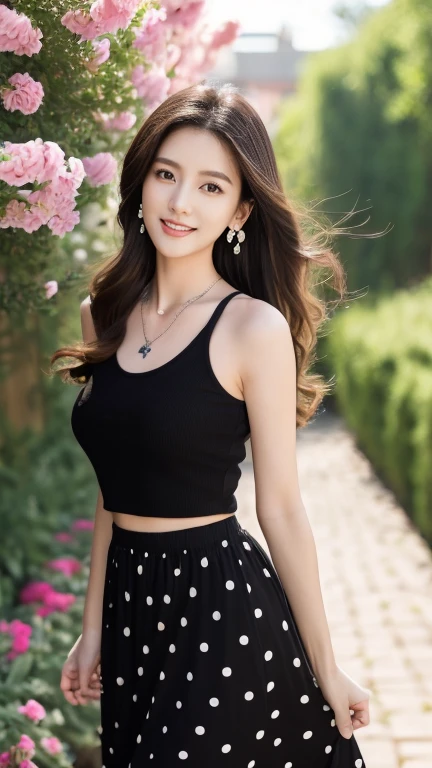 (Highest quality、 8k 、masterpiece、High resolution)、Young lovely woman、Ample breasts、Smooth and unnoticeable collarbone、Slender beauty、(Brown hair medium、My hair is blowing in the wind、Flows backwards)、Full Body Shot、 (Beautiful Face,Beautiful Eyes,Beautiful nose,Pretty lips)、(Stephanie hoove earrings、silver heart necklace)、((Black tops、White and monochrome dot long skirt(Ankle length))、Her mouth opens slightly and a smile appears.、Dynamic pose、Outdoor、(A Western-style garden filled with blooming flowers)、A red brick building is visible、Colorful flowers、Vibrant colors、The red stands out、looking at the camera、Professional Lighting、Professional photographer、Detailed CG、