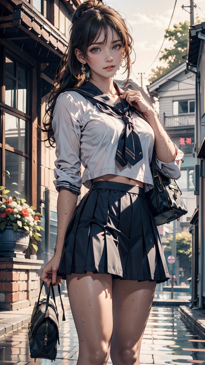high school girl、Sheer sailor suit(summer服、Wet and transparent)、Navy Pleated Skirt、socks、loafers、ponytail、School bag、summer、Sudden sunset(rain)、Soaking wet、Her underwear is visible through her old clothes、びたバス停の待合室でrain宿り