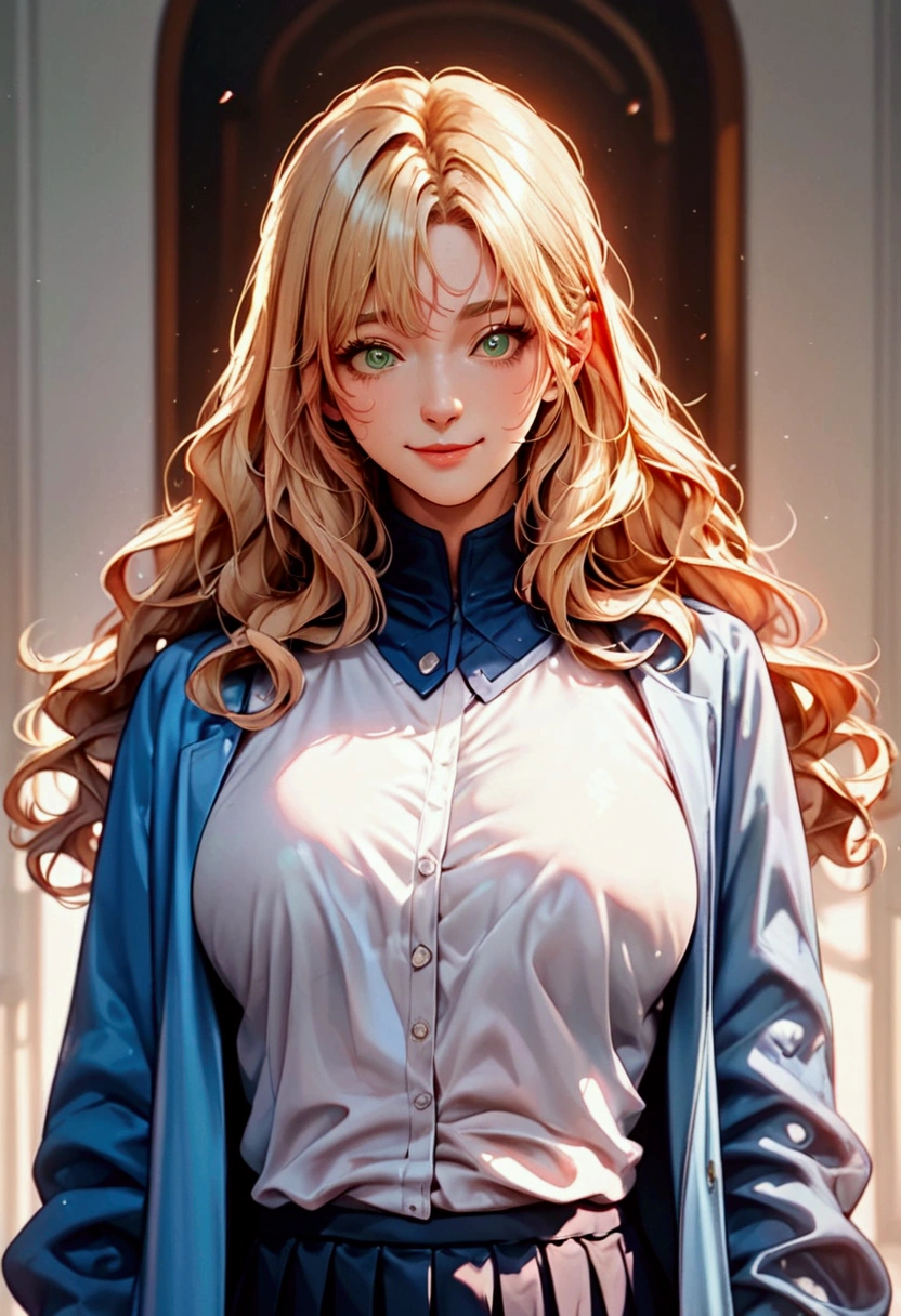 score_9, score_8_up, score_7_up, score_6_up, anime style, masterpiece, highly detailed, centered, cinematic shot, 1lady, solo, upper body, casual, long hair, minimal makeup, natural fabrics, close-up face, smile, home, long light platinum blonde hair, bangs, wavy hair, voluminous hair, green eyes, big breasts, cold clothing, cute clothes, pleated skirt, black skirt, beautiful clothing, blue parkas, blue coat, coat with fur, blue coat white fur, bangs on forehead, Korean bangs, cute bangs., mature manhwa,