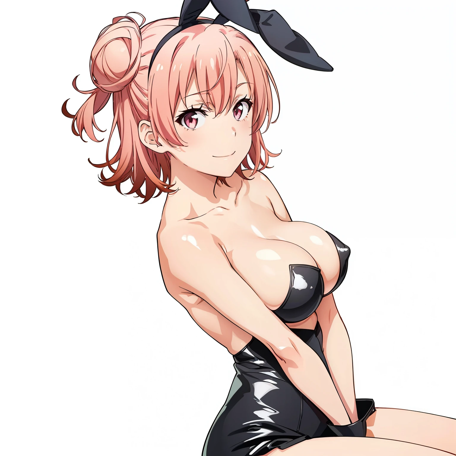 ((masutepiece, Best Quality, hight resolution, nffsw, Perfect Pixel, depth of fields, 4K, )), 1girl in, Solo, , Beautiful anime girl, Beautiful Art Style, close up, Looking at Viewer, Perfect body, side shot, Yuigahama Yui, Short hair, pink hair, pink eyes, hairbun, (large boob), side boob, sitting, black playboy bunny outfit, smile, hands on thighs, blank white background, shot from the waist up