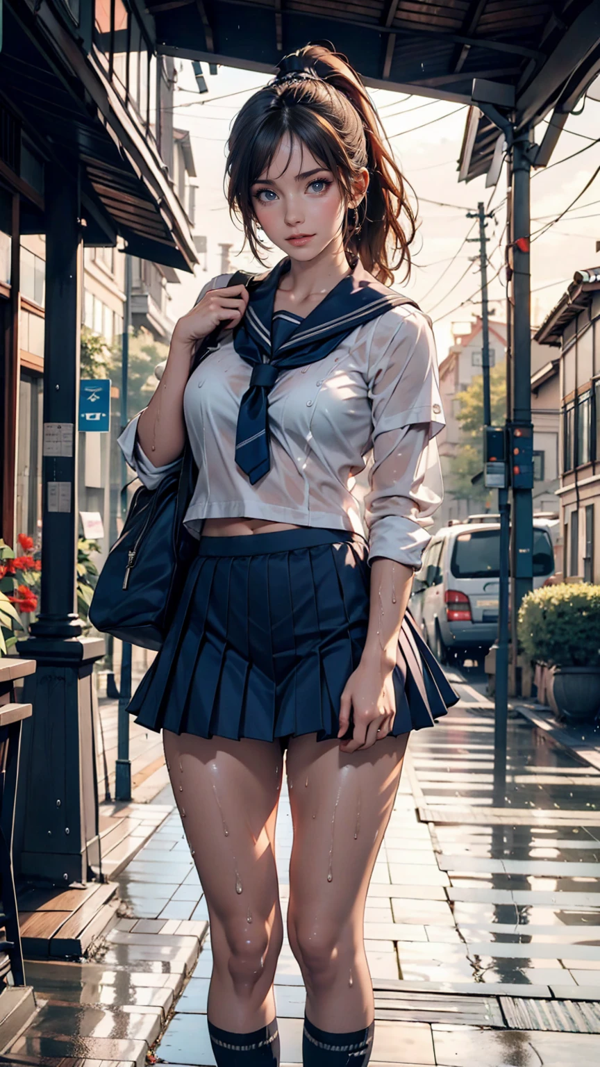 high school girl、Sheer sailor suit(summer服、Wet and transparent)、Navy Pleated Skirt、socks、loafers、ponytail、School bag、summer、Sudden sunset(rain)、Soaking wet、Her underwear is visible through her old clothes、びたバス停の待合室でrain宿り