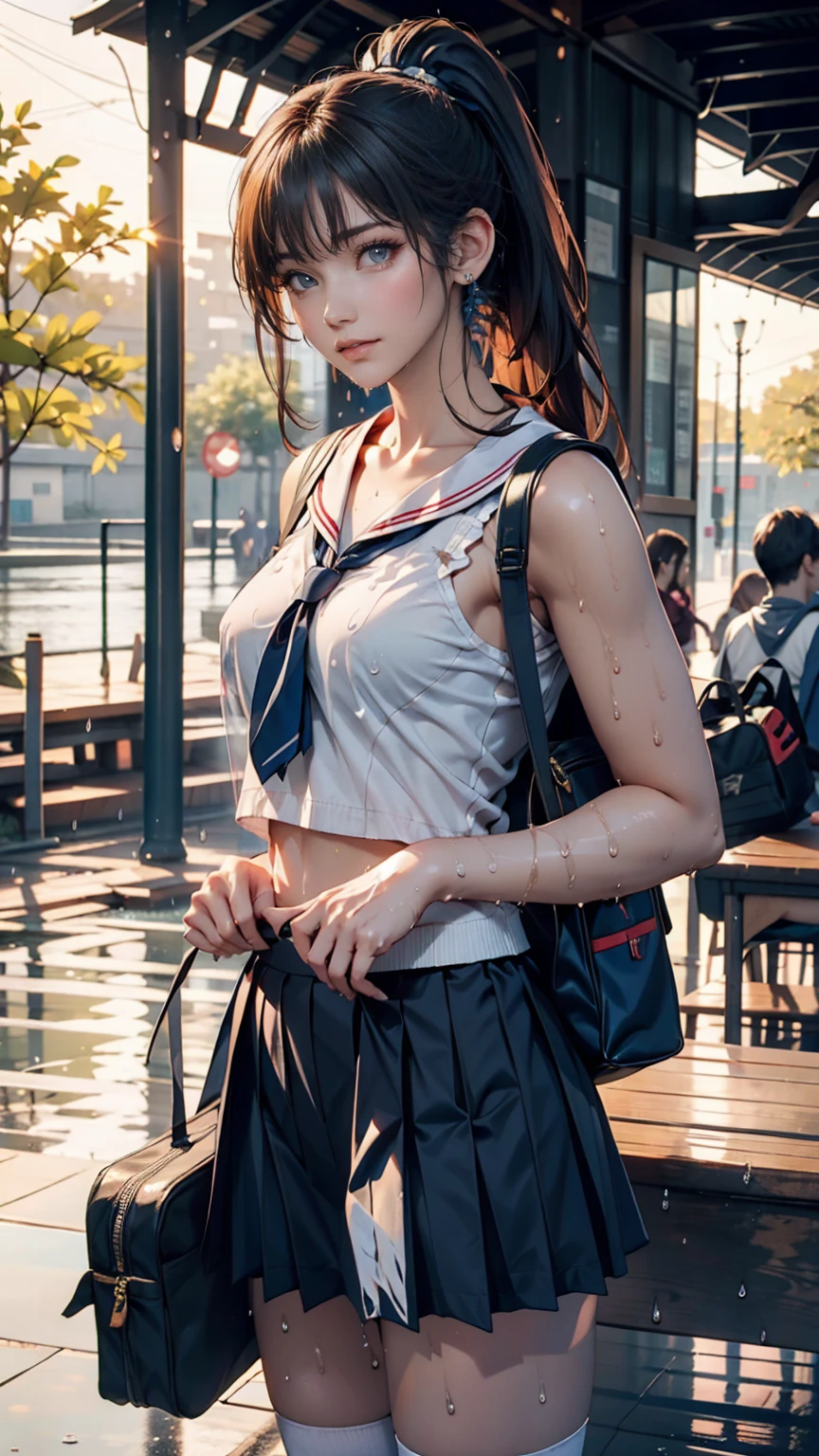 high school girl、Sheer sailor suit(summer服、Wet and transparent)、Navy Pleated Skirt、socks、loafers、ponytail、School bag、summer、Sudden sunset(rain)、Soaking wet、Her underwear is visible through her old clothes、びたバス停の待合室でrain宿り