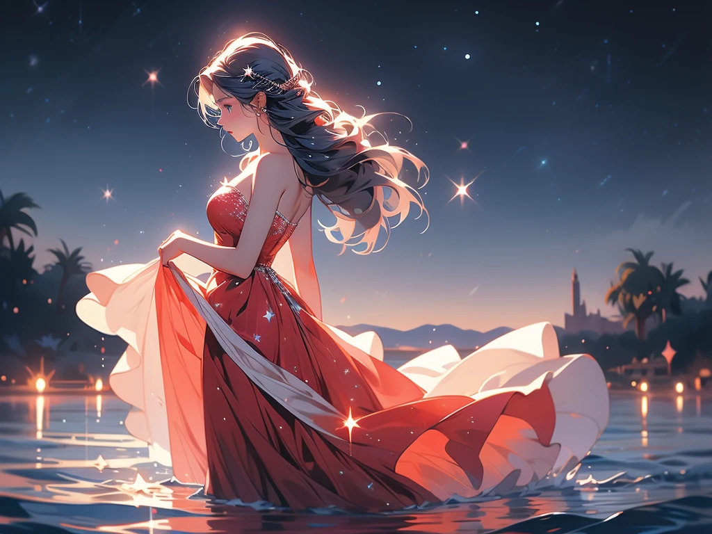 xcdd, 1girl, solo, dress, wading, star \(symbol\), long hair, skirt hold, water, red dress, bare shoulders, sky, night, glowing, blue eyes, standing, profile, bare arms, sparkle, strapless, braid, star \(sky\), strapless dress, from side, outdoors, night sky, looking away