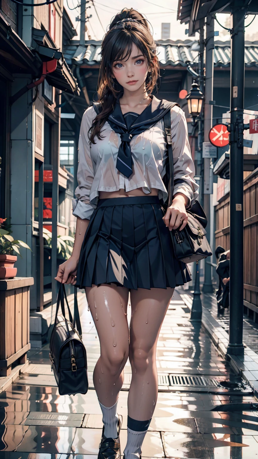 high school girl、Sheer sailor suit（summer服、Wet and transparent)、Navy Pleated Skirt、socks、loafers、ponytail、School bag、summer、Sudden sunset（rain)、Soaking wet、Her underwear is visible through her old clothes、びたバス停の待合室でrain宿り