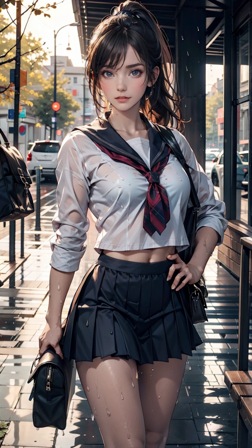 high school girl、Sheer sailor suit（summer服、Wet and transparent)、Navy Pleated Skirt、socks、loafers、ponytail、School bag、summer、Sudden sunset（rain)、Soaking wet、Her underwear is visible through her old clothes、びたバス停の待合室でrain宿り