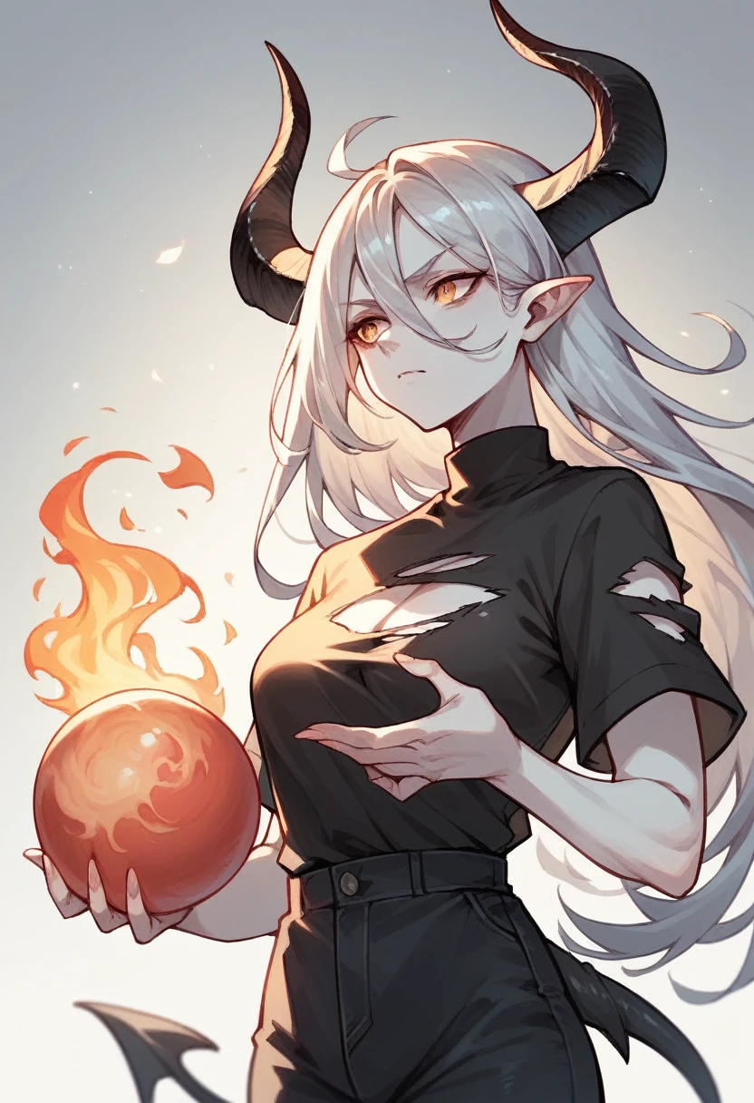 Humanoid creature, pale skin, long silver hair, long black horns ripped shirt,holding a fire ball