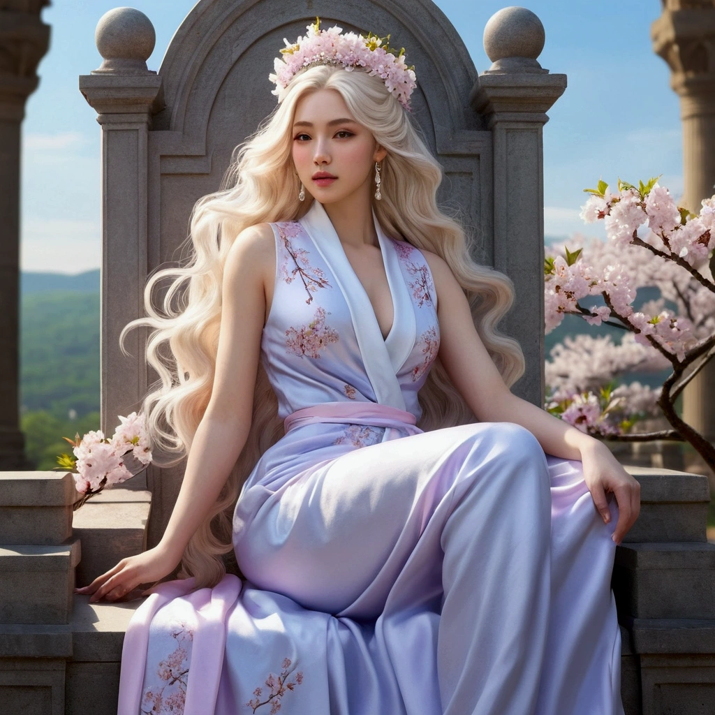 ((best quality)) ((artwork)) Appearance Details Species: Human Age: 20 Hair: Platinum blonde, quite long and abundant Eyes: Blue Body: 5'5", light skin, lean and curvy Face: Young, beautiful, delicate features and full lips Features: Light pink lipstick Clothing: Simple white, sleeveless robe Pose: Sitting on Polaris' throne. Landscape: palace Art.