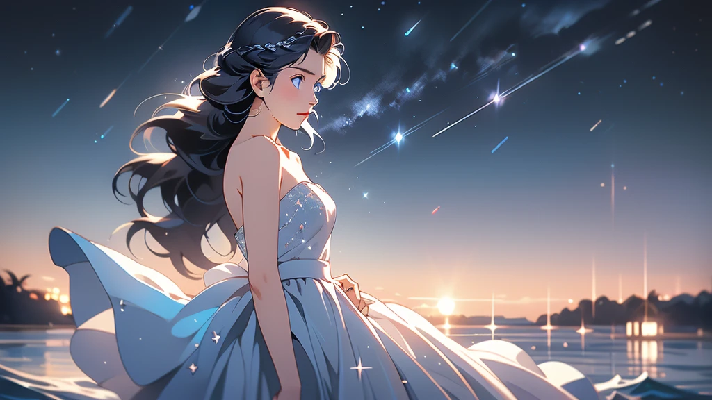 xcdd, 1girl, solo, dress, wading, star \(symbol\), long hair, skirt hold, water, white dress, bare shoulders, sky, night, glowing, blue eyes, standing, profile, bare arms, sparkle, strapless, braid, star \(sky\), strapless dress, from side, outdoors, night sky, looking away