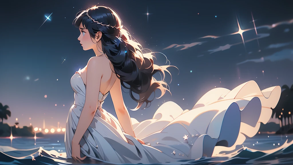 xcdd, 1girl, solo, dress, wading, star \(symbol\), long hair, skirt hold, water, white dress, bare shoulders, sky, night, glowing, blue eyes, standing, profile, bare arms, sparkle, strapless, braid, star \(sky\), strapless dress, from side, outdoors, night sky, looking away