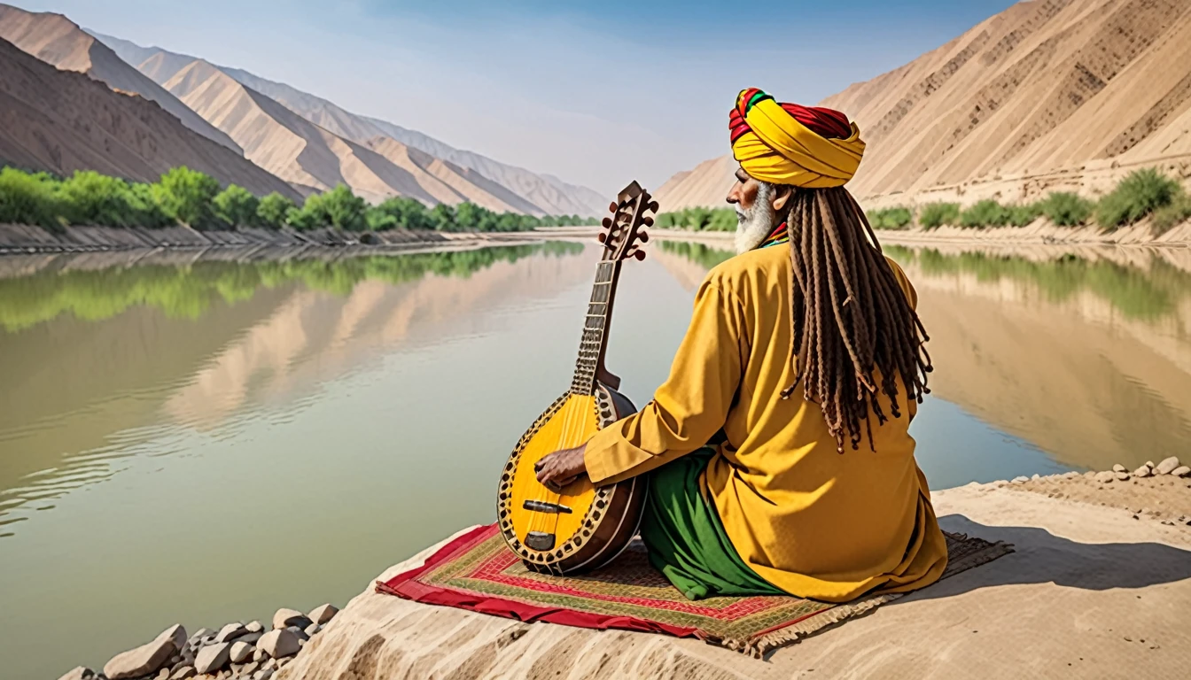 Shield of David,Indian,turbaned,back view of old man,Sitting on the banks of the Indus,He wears Rastafarian-style clothing.,The sitar is placed in front of the body.