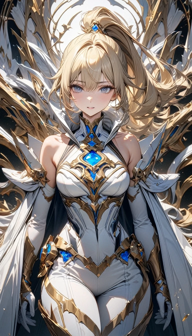Adult woman, short blonde hair, high ponytail, gray eyes, white general form, short white cape, white trousers, blue elements, golden elements, open shoulders, Masterpiece, best quality, Full HD, 8k, ultra details, great graphic