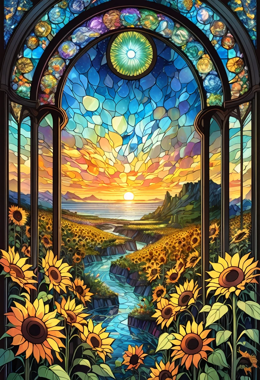 sea of flowers, aesthetic, Stained glass sunflowers, Dan Mumford, Cyril Rolando, MW Kaluta, Louis Comfort Tiffany, Dale Chihuly, hyper-detailed, hyperrealistic, digital landscape art, 8k resolution, beautiful colors, tarot card, awe, sunflowers made of stained glass, detailed, Hyperdetailed storybook illustration, concept art