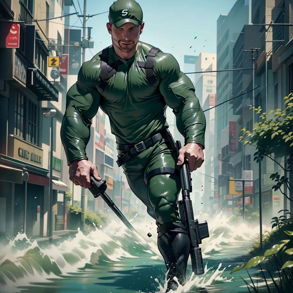 1 man, male focus solo, middle aged man,(((Stephen AMELL))) as private army soldier, lean muscle,dark green shirt, camouflage pants ,green belt , dark green boots ,( big bulge), full body shot, dark blond short hair, well groomed facial hair, smiling ,looking at the view, proud, holding a gun with one hand, , ultra high quality, masterpiece, (clear intense splashed dark green and white paint in the blackground)