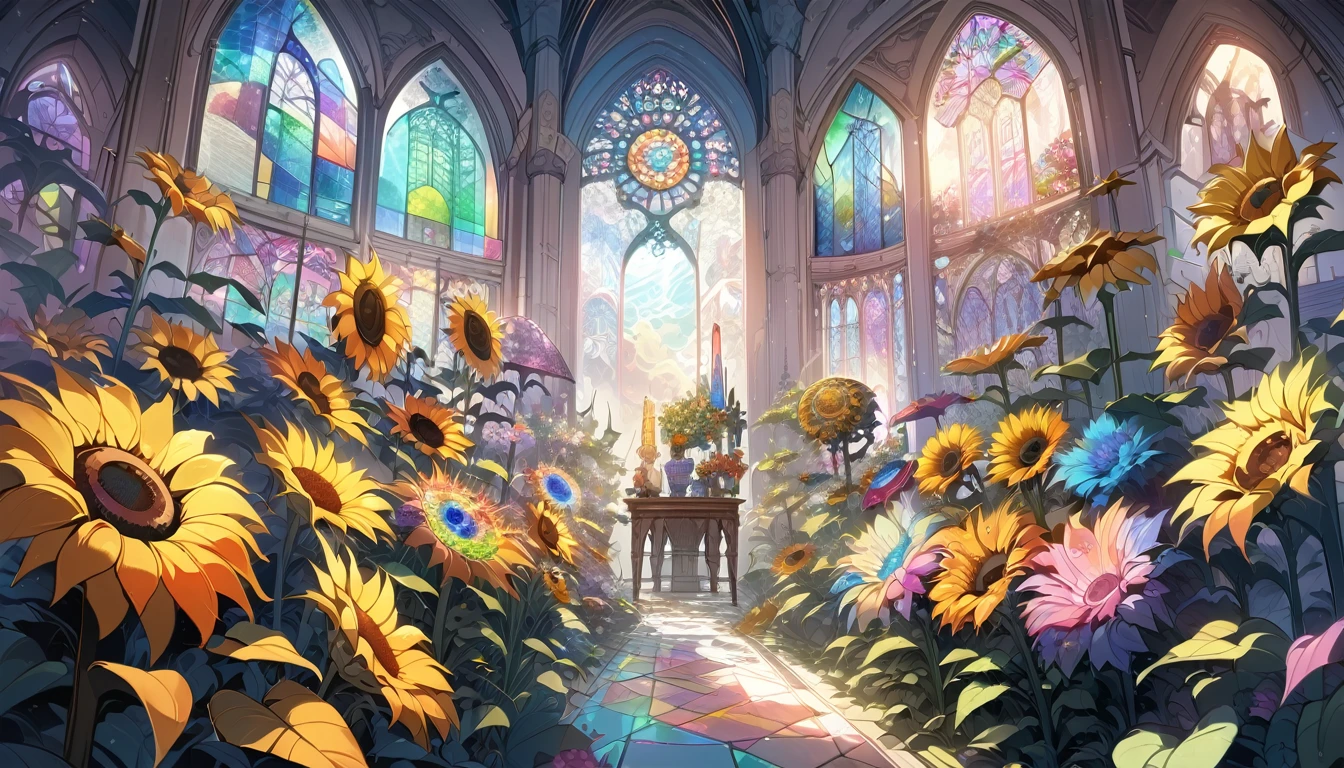 sea of flowers, aesthetic, Stained glass sunflowers, Dan Mumford, Cyril Rolando, MW Kaluta, Louis Comfort Tiffany, Dale Chihuly, hyper-detailed, hyperrealistic, digital landscape art, 8k resolution, beautiful colors, tarot card, awe, sunflowers made of stained glass, detailed, Hyperdetailed storybook illustration, concept art