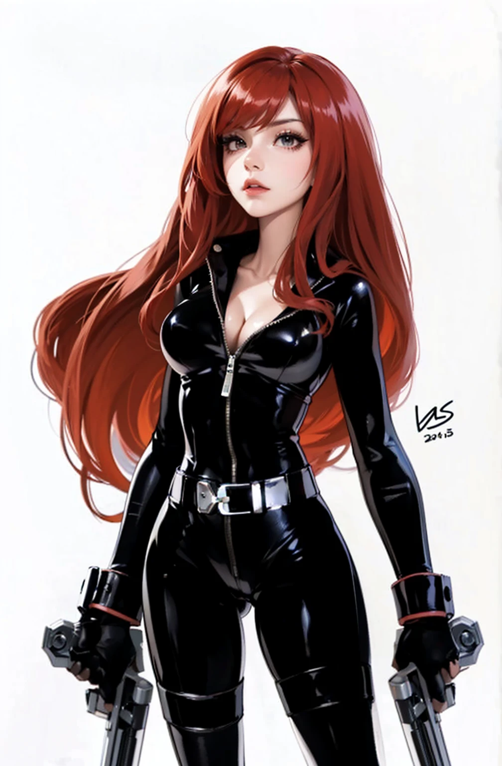 The image depicts a full-length depiction of the Marvel Comics character Black Widow. She has long, red hair and is wearing a sleek skin-tight shiny black latex bodysuit with a deep-cut zipper neckline revealing a large chest, the silver zipper running down the front. The suit is complemented by her silver wrist guard on both wrists and a belt made of silver around her waist. She is also holding two guns, one in each hand.