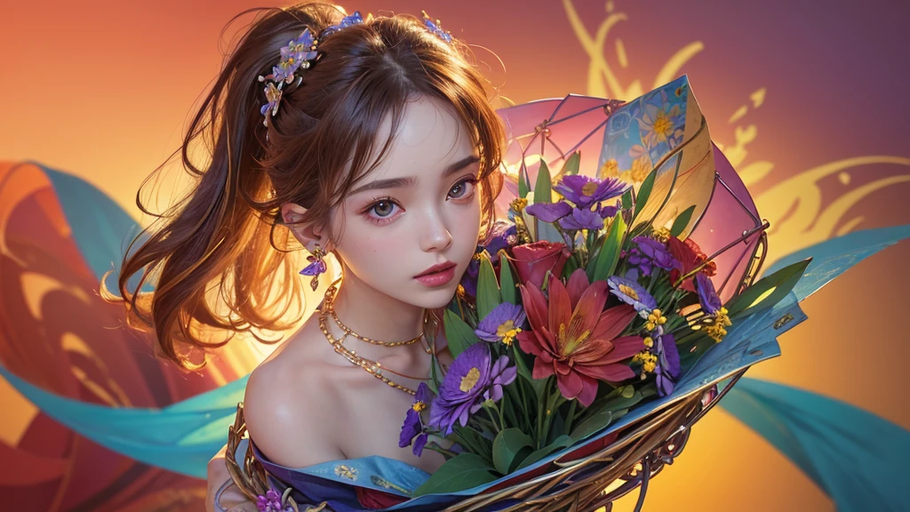 32K, 最高quality, 最高masterpiece, (ultra-Detailed Background, Detailed Background), High resolution, Super detailed, Very detailedな, One girl, (bouquet:1.3), (Tangled:1.2), (Geometric:1.2),(colorful),(masterpiece, quality, best quality, Official Art, Beautiful and beautiful:1.2), (1 girl:1.3), Very detailed,(colorful:1.1)(Flowers:1.3),Most detailed,(Tangled:1.2), whole body, (Abstract background:1.3), (Skin glows), (Many colors:1.4), ,(Earrings Jewelry:1.5), Pale Red Background,