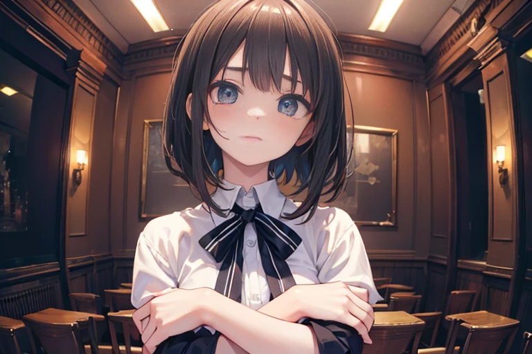 masterpiece, Highest quality, (Highly detailed CG Unity 8k wallpaper), (Highest quality), (A worried face with head tilted and eyebrows furrowed), (A question mark block is floating above your head.), (Arms crossed「Zundamon」), (Best Shadow), Company meeting room background, Realistic lighting, (abyss), Beautiful sparkle,
