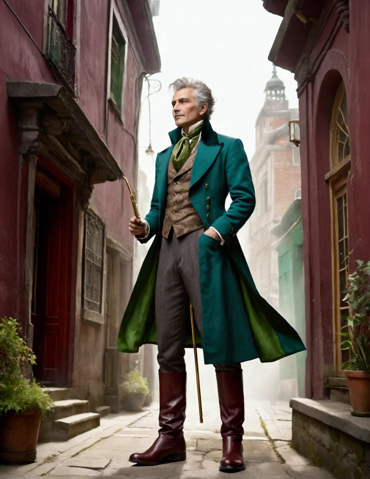 The figure stands tall and imposing, with a lean build suggesting both agility and age. Their face is angular, with piercing eyes that convey wisdom beyond human years. They have tousled gray hair that seems to defy gravity, giving them an eccentric air. The figure wears an outfit that's a mix of Victorian and futuristic elements: 1. A long, high-collared coat in a deep burgundy color, with subtle swirling patterns embroidered in gold thread. 2. Underneath, a waistcoat in a contrasting emerald green, adorned with brass buttons and a pocket watch chain. 3. A crisp white shirt with a ruffled collar peeking out at the neck. 4. Dark trousers tucked into tall, well-worn leather boots. 5. Around their neck, an unusually long scarf in various shades of blue, its ends trailing dramatically behind them. 6. In one hand, they hold a strange device - part wand, part screwdriver, emitting a soft green glow. Their posture is defiant, chin raised slightly, conveying a sense of authority and determination in the face of danger. Despite the chaos around them, there's a hint of a smile playing at the corners of their mouth, suggesting a love for adventure.