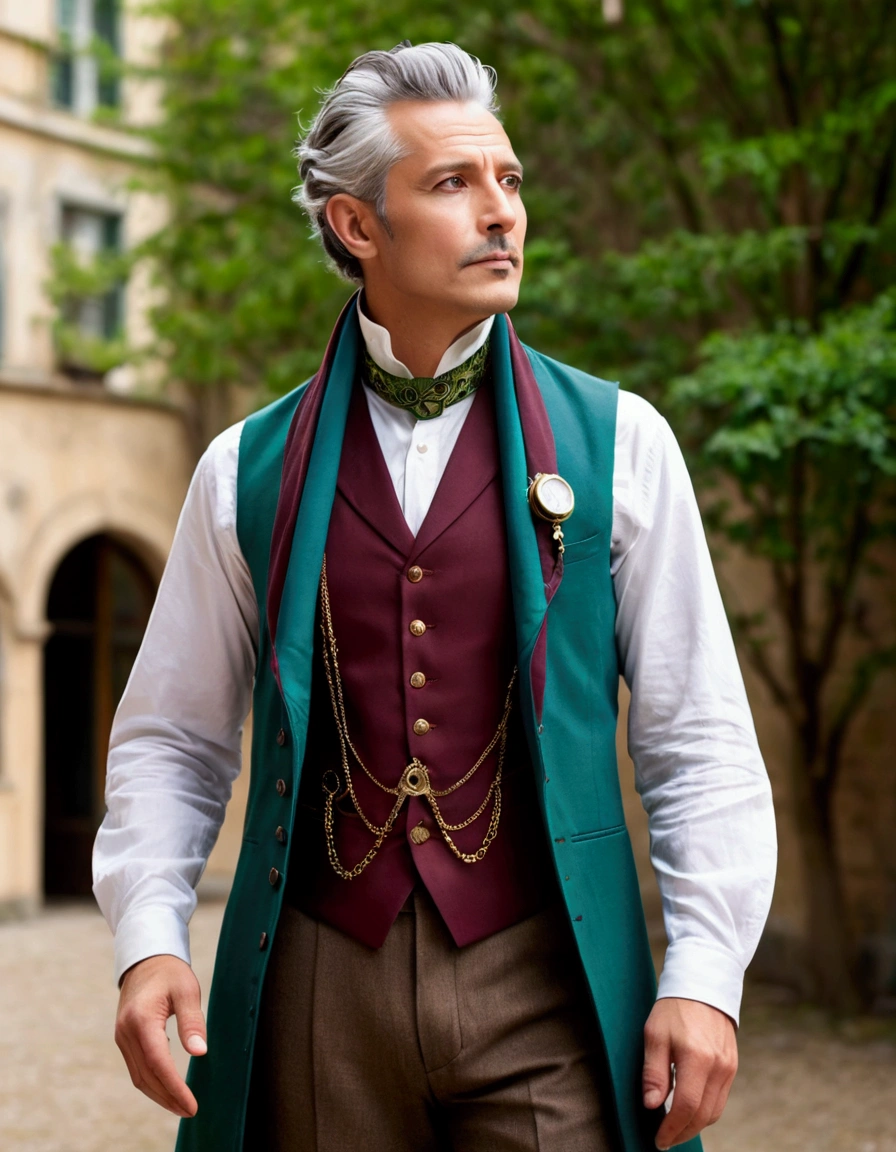 The figure stands tall and imposing, with a lean build suggesting both agility and age. Their face is angular, with piercing eyes that convey wisdom beyond human years. They have tousled gray hair that seems to defy gravity, giving them an eccentric air. The figure wears an outfit that's a mix of Victorian and futuristic elements: 1. A long, high-collared coat in a deep burgundy color, with subtle swirling patterns embroidered in gold thread. 2. Underneath, a waistcoat in a contrasting emerald green, adorned with brass buttons and a pocket watch chain. 3. A crisp white shirt with a ruffled collar peeking out at the neck. 4. Dark trousers tucked into tall, well-worn leather boots. 5. Around their neck, an unusually long scarf in various shades of blue, its ends trailing dramatically behind them. 6. In one hand, they hold a strange device - part wand, part screwdriver, emitting a soft green glow. Their posture is defiant, chin raised slightly, conveying a sense of authority and determination in the face of danger. Despite the chaos around them, there's a hint of a smile playing at the corners of their mouth, suggesting a love for adventure.