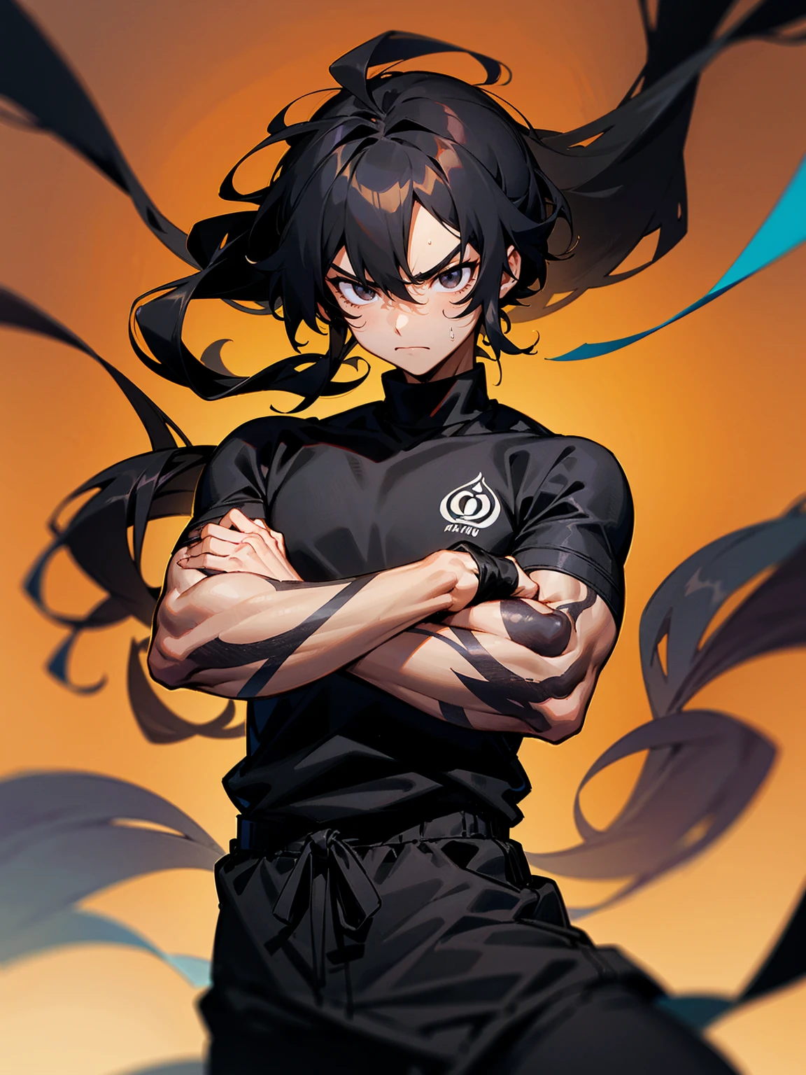 1male, adult. tanned skin, pitch black eyes, long wavy black hair, muscular, ((black yukata)), black sweatshirt, black sweatpants, tied to waist, serious, arms folded, tattoos