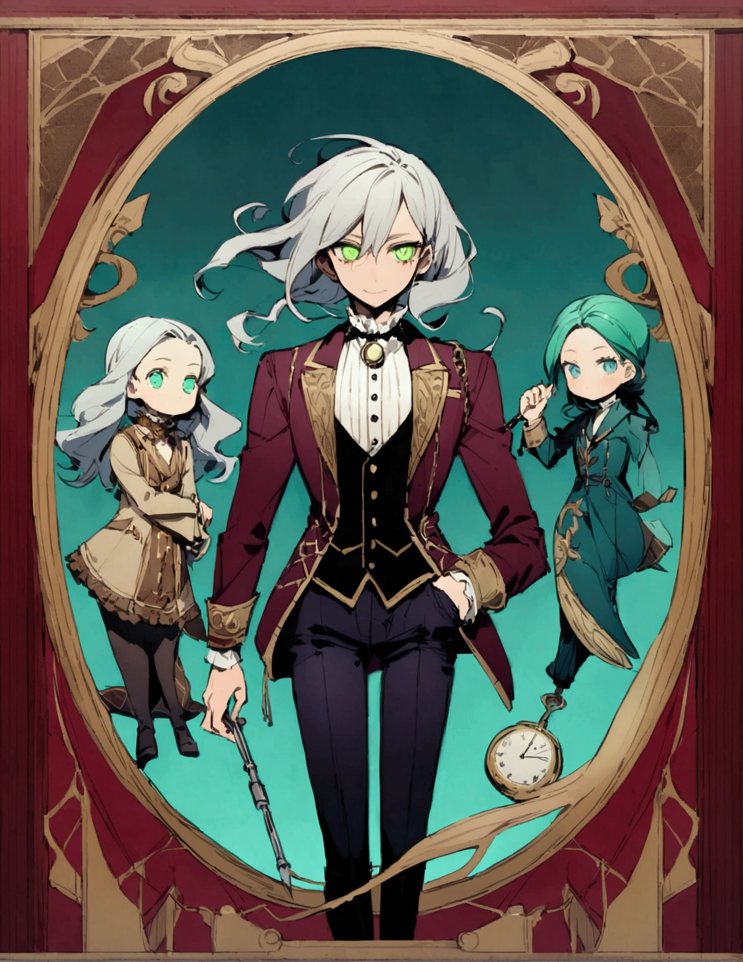 The figure stands tall and imposing, with a lean build suggesting both agility and age. Their face is angular, with piercing eyes that convey wisdom beyond human years. They have tousled gray hair that seems to defy gravity, giving them an eccentric air. The figure wears an outfit that's a mix of Victorian and futuristic elements: 1. A long, high-collared coat in a deep burgundy color, with subtle swirling patterns embroidered in gold thread. 2. Underneath, a waistcoat in a contrasting emerald green, adorned with brass buttons and a pocket watch chain. 3. A crisp white shirt with a ruffled collar peeking out at the neck. 4. Dark trousers tucked into tall, well-worn leather boots. 5. Around their neck, an unusually long scarf in various shades of blue, its ends trailing dramatically behind them. 6. In one hand, they hold a strange device - part wand, part screwdriver, emitting a soft green glow. Their posture is defiant, chin raised slightly, conveying a sense of authority and determination in the face of danger. Despite the chaos around them, there's a hint of a smile playing at the corners of their mouth, suggesting a love for adventure.
