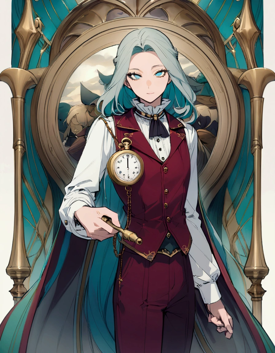 The figure stands tall and imposing, with a lean build suggesting both agility and age. Their face is angular, with piercing eyes that convey wisdom beyond human years. They have tousled gray hair that seems to defy gravity, giving them an eccentric air. The figure wears an outfit that's a mix of Victorian and futuristic elements: 1. A long, high-collared coat in a deep burgundy color, with subtle swirling patterns embroidered in gold thread. 2. Underneath, a waistcoat in a contrasting emerald green, adorned with brass buttons and a pocket watch chain. 3. A crisp white shirt with a ruffled collar peeking out at the neck. 4. Dark trousers tucked into tall, well-worn leather boots. 5. Around their neck, an unusually long scarf in various shades of blue, its ends trailing dramatically behind them. 6. In one hand, they hold a strange device - part wand, part screwdriver, emitting a soft green glow. Their posture is defiant, chin raised slightly, conveying a sense of authority and determination in the face of danger. Despite the chaos around them, there's a hint of a smile playing at the corners of their mouth, suggesting a love for adventure.