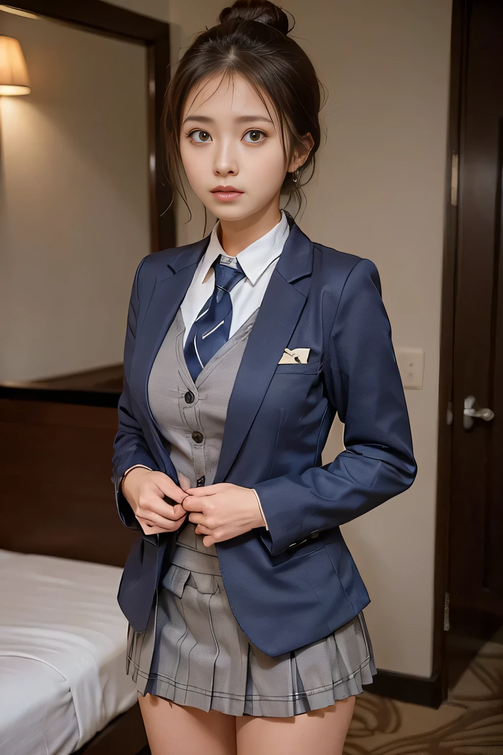 ((masterpiece:1.4))、((The pieces fly:1.4))、((A woman with light brown double hair in a bun:1.4))、((Cowboy Shot:1.4))、((Front shot:1.4))、((She is standing in a hotel bedroom wearing a short, pleated skirt with a grey check pattern that accentuates her thighs.:1.7))、((High school girl uniform necktie:1.4))、Very sexy outfit, ((Wearing a strict dark blue blazer suit:1.4))、High School Girl Blazer Uniform、Sexy look,((Woman with sad expression:1.4))、