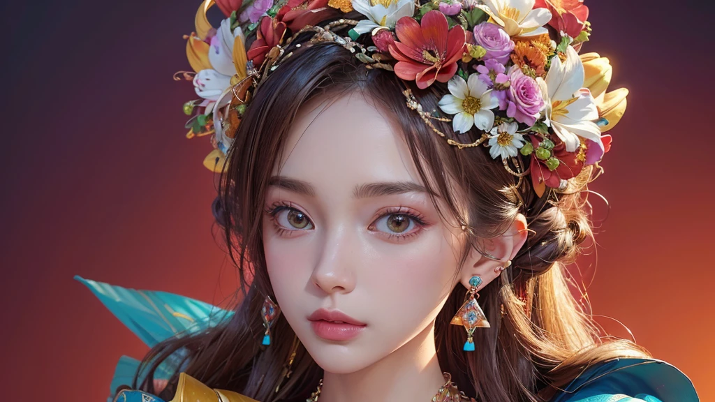 32K, 最高quality, 最高masterpiece, (ultra-Detailed Background, Detailed Background), High resolution, Super detailed, Very detailedな, One girl, (bouquet:1.3), (Tangled:1.2), (Geometric:1.2),(colorful),(masterpiece, quality, best quality, Official Art, Beautiful and beautiful:1.2), (1 girl:1.3), Very detailed,(colorful:1.1)(Flowers:1.3),Most detailed,(Tangled:1.2), whole body, (Abstract background:1.3), (Skin glows), (Many colors:1.4), ,(Earrings Jewelry:1.5), Pale Red Background,