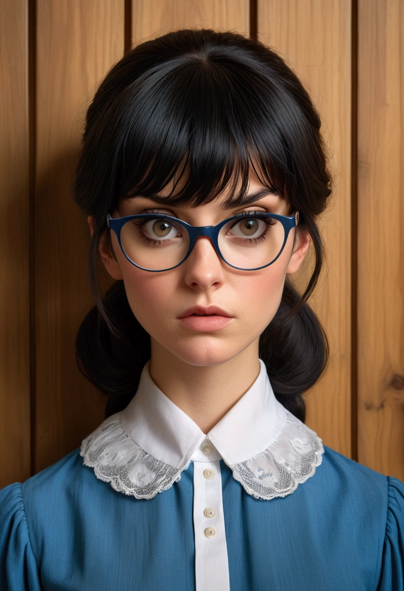 Arafed woman in a blue shirt and glasses standing straight with seriousness in front of a wooden wall, inspired by the style of Bernardino Mei. The portrait is reminiscent of the Renaissance era but with modern touches, as seen on Reddit. The photograph has a credit of AP and Lindsey Look, featuring the woman with blunt bangs falling on her forehead. The medium closeup captures her behind bars in a courtroom, with a serious and intense theme. Her black hair with bangs frames her face, and the artistic influence of Robin Eley adds a special touch to the image. The courtroom setting enhances the gravity of the scene.