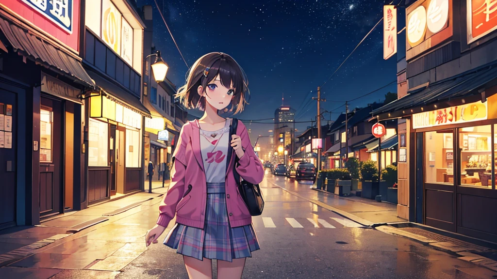 masterpiece, Highest quality, One girl, City Pop, night, Let&#39;s take another look, Upper body, Vector illustration, Jacket, smile, Blunt bangs, Hair length, Lofi Art,