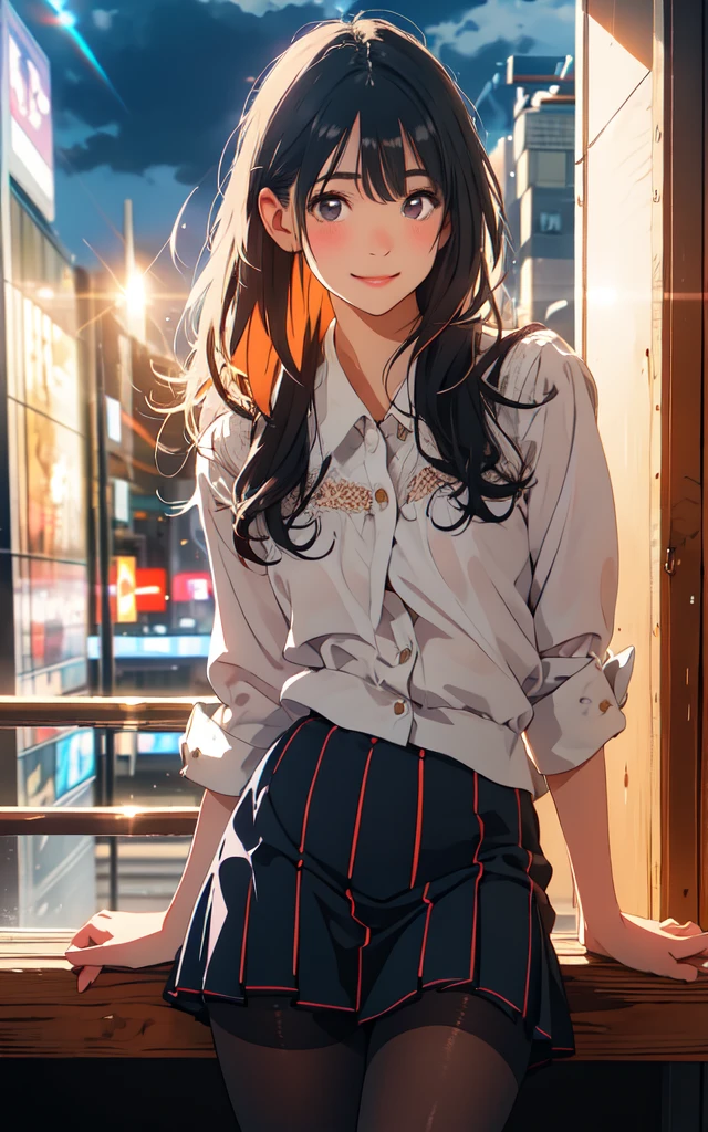Front facing, facing this way、
A more beautiful smile、
More cute casual summer outfits、Cute mini skirt、
More beautiful thighore beautiful colorful pantyhose、
Beautiful dark clouds, (Cowboy Shot:1.4), Beautiful and realistic, 
Beautiful masterpiece, Beautiful and top quality, Beautiful backlight, (Lens flare:1.1), (bloom:1.1), (chromatic aberration:1.1)

Shibuya Center Street High Resolution, masterpiece, Highest quality, Sparkle Effect, 