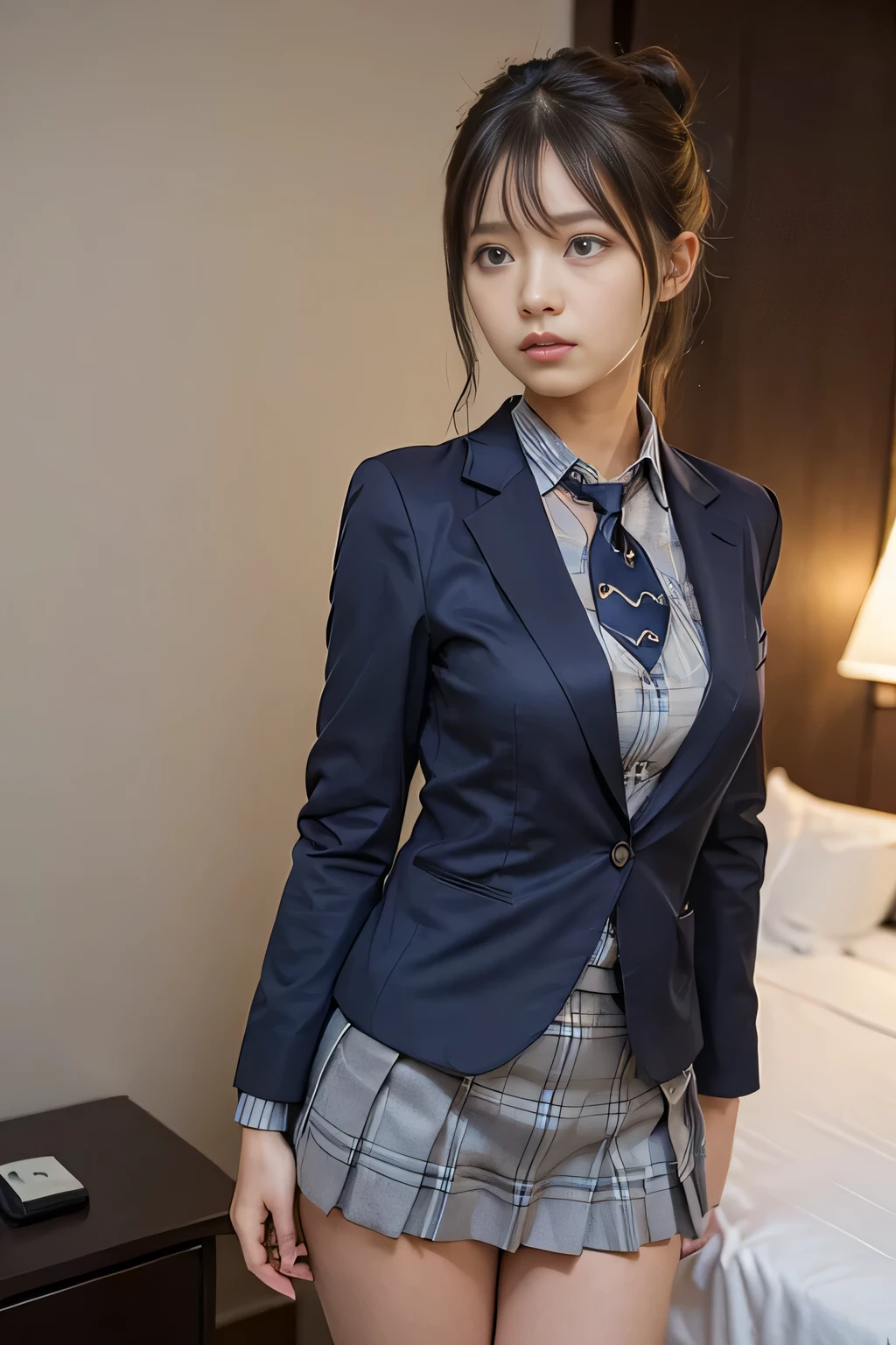 ((masterpiece:1.4))、((The pieces fly:1.4))、((A woman with light brown double hair in a bun:1.4))、((Cowboy Shot:1.4))、((Front shot:1.4))、((She is standing in a hotel bedroom wearing a short, pleated skirt with a grey check pattern that accentuates her thighs.:1.7))、((High school girl uniform necktie:1.4))、Very sexy outfit, ((Wearing a strict dark blue blazer suit:1.4))、High School Girl Blazer Uniform、Sexy look,((Woman with sad expression:1.4))、