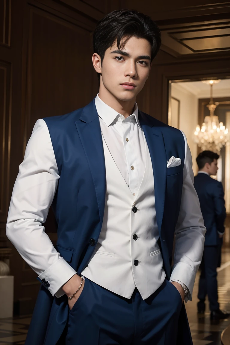 ((masterpiece)),((best quality)),8K,high detail,Very detailed, Very manly,3 men, like,fashion pose, Realistic skin texture, Light,
Royal blue style couple