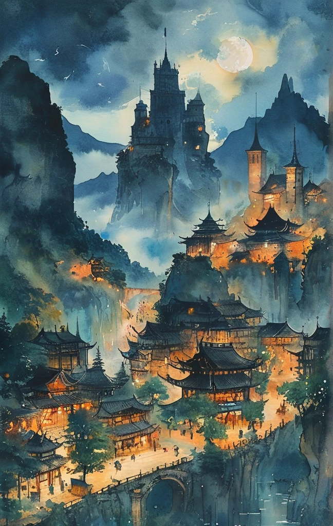 Generate watercolor illustrations of fantasy world . dog, cat, and dragon drawn with a soft touch like a picture book. I would like a background of the town at night.