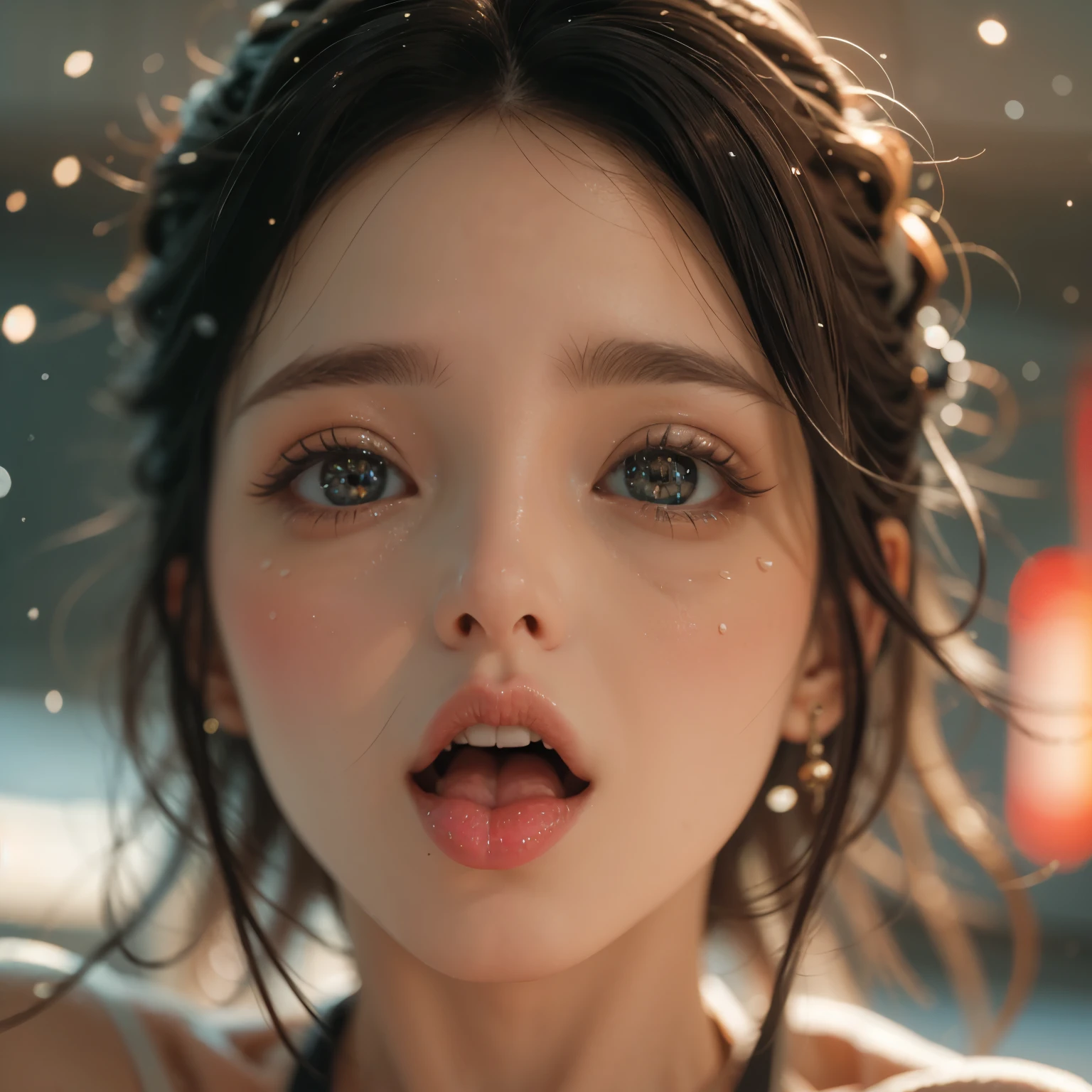 ExtremelyDetailed Kawaii girl Face,(Close-up big lips), glossy lips with beautiful details, Coquettish tongue, Kissing to camera, towards the viewer, 8K TopQuality masterpiece,an extremely delicate and beautiful (ProfessionalPhoto:1.37), {Amazing|finely detail|official art|incredibly absurdres},ultra-detailed close-up shot, close up, (fish eye lens), wide lens, macro lens, Detailed reflective Eyes ElaboratePupils with (sparkling highlights:1.28) (Delicate Voluminous LongEyelashes:0.88), {Tilted face|Visible back of throat|(saliva drips:0.8)|naked shoulder}, (Dripping juice on tongue:1.1) snow particles