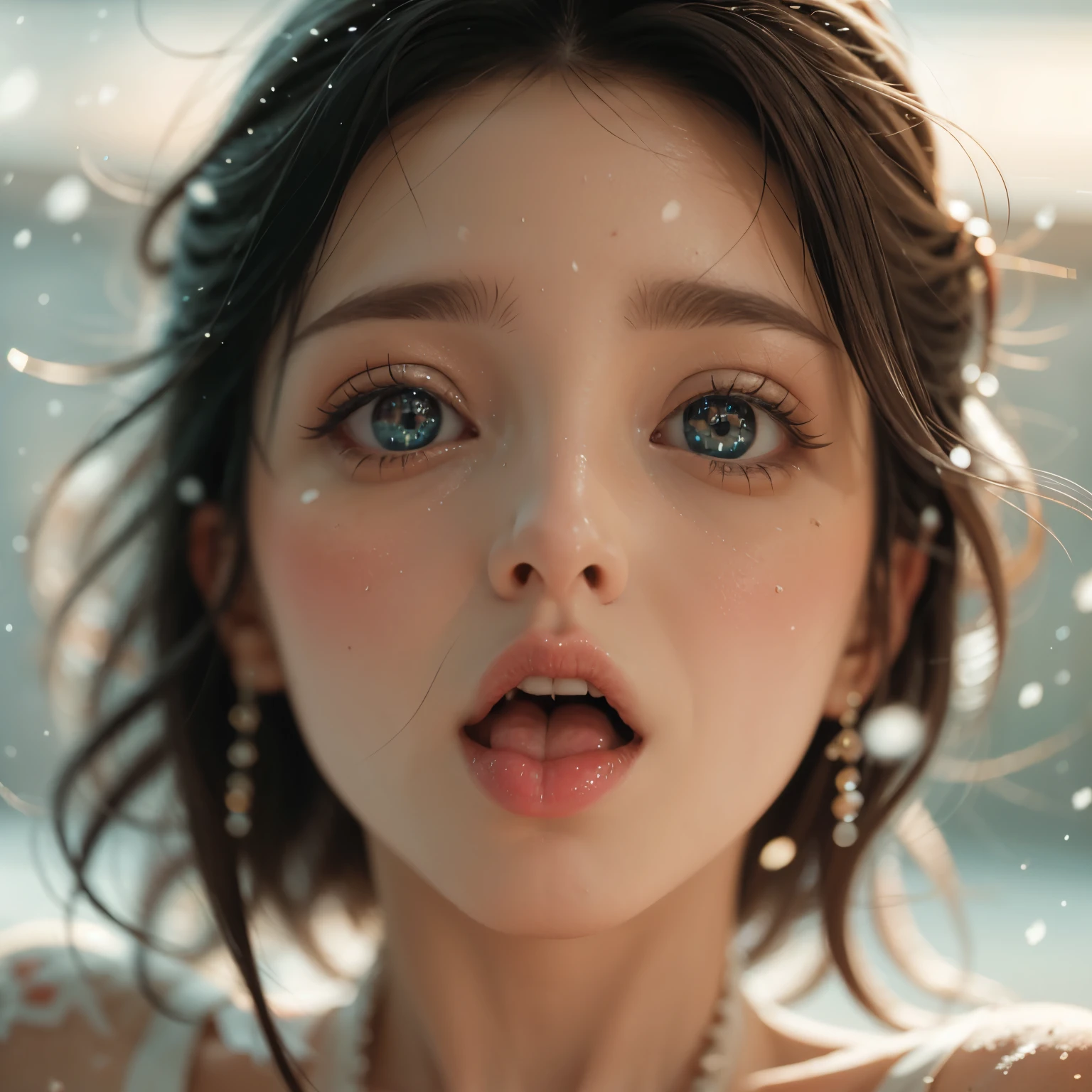ExtremelyDetailed Kawaii girl Face,(Close-up big lips), glossy lips with beautiful details, Coquettish tongue, Kissing to camera, towards the viewer, 8K TopQuality masterpiece,an extremely delicate and beautiful (ProfessionalPhoto:1.37), {Amazing|finely detail|official art|incredibly absurdres},ultra-detailed close-up shot, close up, (fish eye lens), wide lens, macro lens, Detailed reflective Eyes ElaboratePupils with (sparkling highlights:1.28) (Delicate Voluminous LongEyelashes:0.88), {Tilted face|Visible back of throat|(saliva drips:0.8)|naked shoulder}, (Dripping juice on tongue:1.1) snow particles