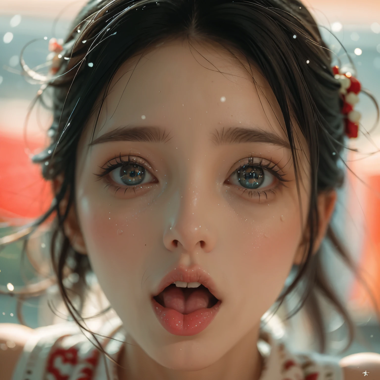 ExtremelyDetailed Kawaii girl Face,(Close-up big lips), glossy lips with beautiful details, Coquettish tongue, Kissing to camera, towards the viewer, 8K TopQuality masterpiece,an extremely delicate and beautiful (ProfessionalPhoto:1.37), {Amazing|finely detail|official art|incredibly absurdres},ultra-detailed close-up shot, close up, (fish eye lens), wide lens, macro lens, Detailed reflective Eyes ElaboratePupils with (sparkling highlights:1.28) (Delicate Voluminous LongEyelashes:0.88), {Tilted face|Visible back of throat|(saliva drips:0.8)|naked shoulder}, (Dripping juice on tongue:1.1) snow particles