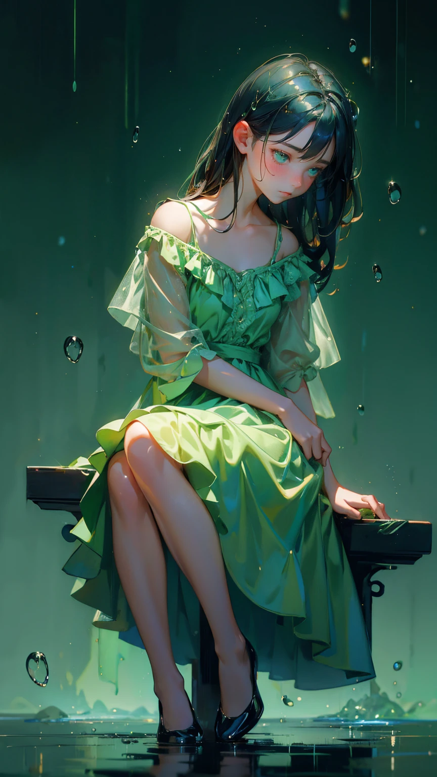 cute girl with sad emotions, sitting in the middle with raindrops, green dress  splash of raindrops around him blue background,