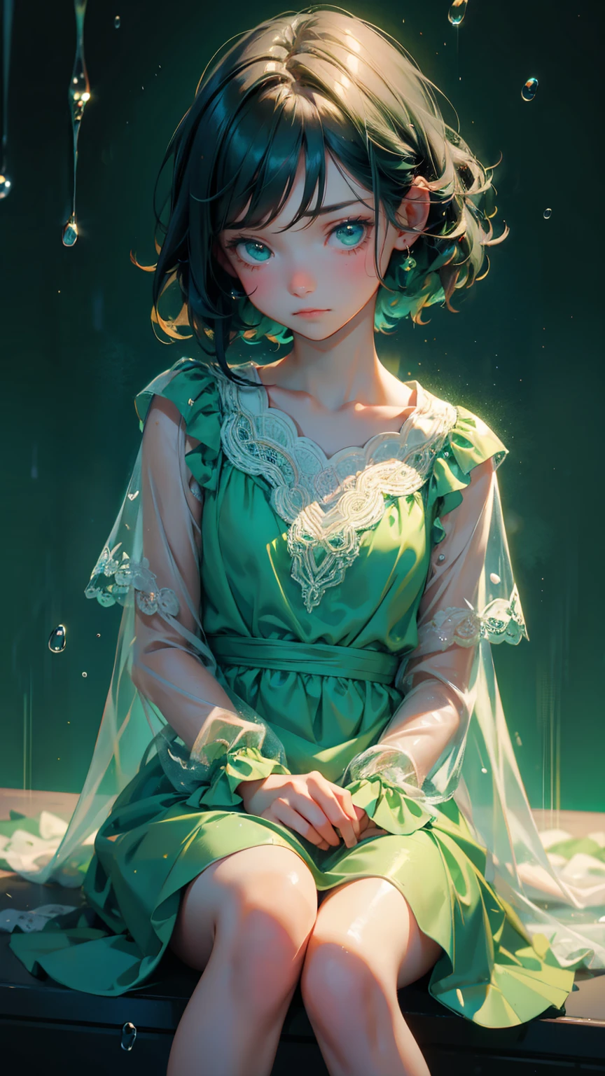 cute girl with sad emotions, sitting in the middle with raindrops, green dress splash of raindrops around him blue background,