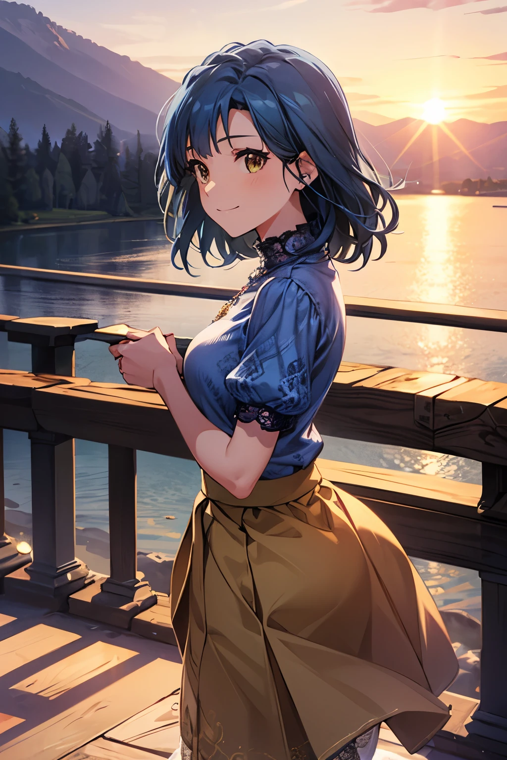yuriko nanao (million live), 1 girl, Solo, Best Quality, masterpiece, 8K, High resolution, Ultra-detailed, madeon, from side, looking at viewer, light smile, blue sweater, high neck sweater, puffy sleeves, short sleeves, necklace, long skirt, (((flared skirt, lacy skirt, white skirt))), in the observation deck, high mountain and the lake in distance, sun set,