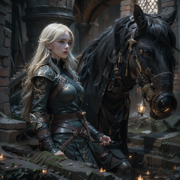 fantasy art, RPG art, high details, best quality, 16k, RAW, [best detailed], masterpiece, best quality, (extremely detailed), (full body: 1.2), ultra wide shot, photorealistic, a (noble woman knight: 1.3) rides his horse in the dark streets of a medieval town, its raining heavy rain, the rain drops on the noble knight, drops on the street, puddles in the street,  the  knight wears (heavy armor :1.3), (white armor: 1.3) , wearing (purple cloak: 1.3), beautiful woman knight, long hair, blond hair, braided hair, noble face, green eyes, armed with a (intricate sword: 1.3), the street is dark, lit by torches, a (fantasy temple: 1.2) in the background, fantasy urban town setting, cloudy night, full red moon,