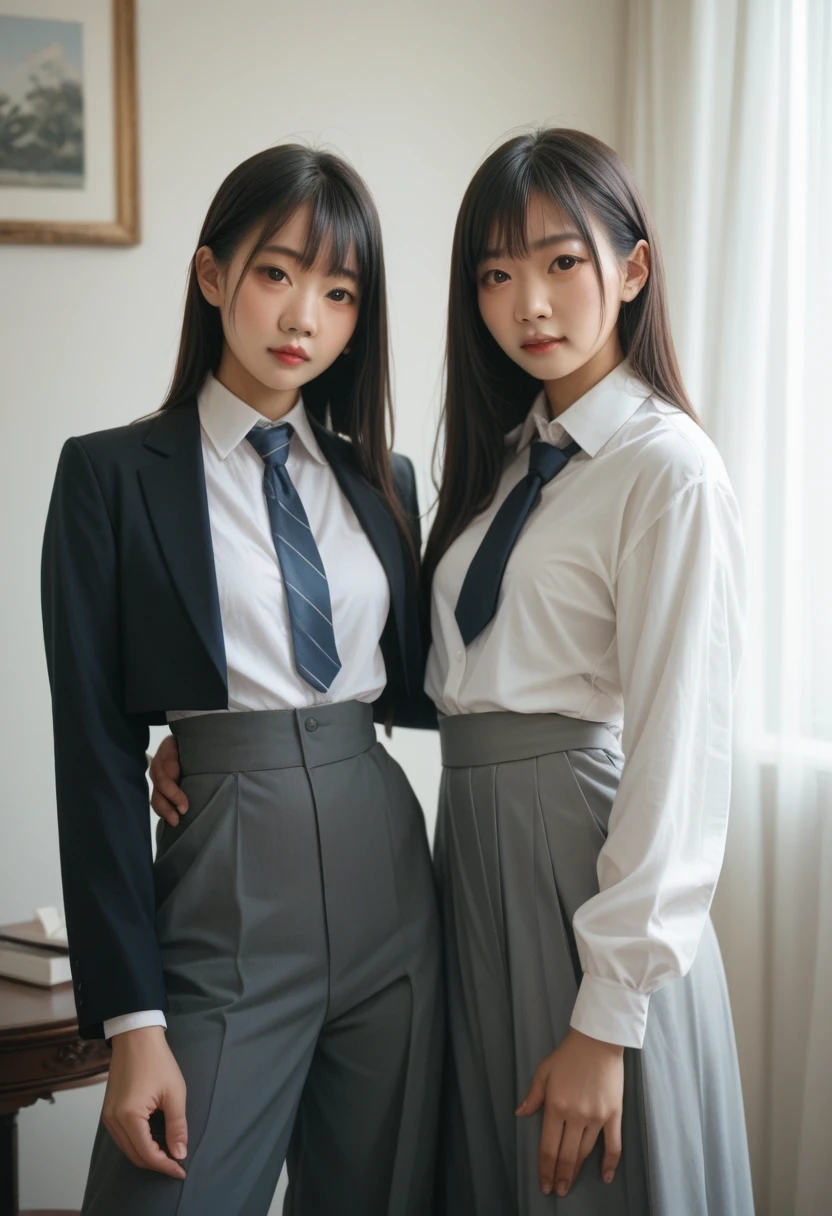 Two asian women in posing for picture in formal white long sleeve shirt and grey long skirtand having neck tie in grey colour , for formal pic