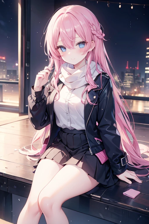 one-girl,soio,165cm height,55cm bust,Pink Long Hair,Medium-hair long,dishiveredhair,black short skirt,Purple eye,gently smiling,, backdrop,In Park,Anime style 4k,Blue long sleeve denim bomber jacket,Small jacket,white blouse,Black vertical striped skirt,White stockings,Gray lace-up boots ,Mitsukasa Ayase