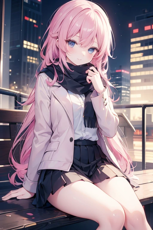miyakoshikimori, miyako shikimori, long hair, blue eyes, hair between eyes, pink hair,(thighs), BREAK scarf,jacket,pleated skirt,black skirt, BREAK cowboy shot,smile,blush,sitting BREAK outdoor,city,street,sitting,BREAK (masterpiece:1.2), best quality, high resolution, unity 8k wallpaper, (illustration:0.8), (beautiful detailed eyes:1.6), extremely detailed face, perfect lighting, extremely detailed CG, (perfect hands, perfect anatomy),1girl, pink hair, long hair, blue eyes, hair between eyes, bangs