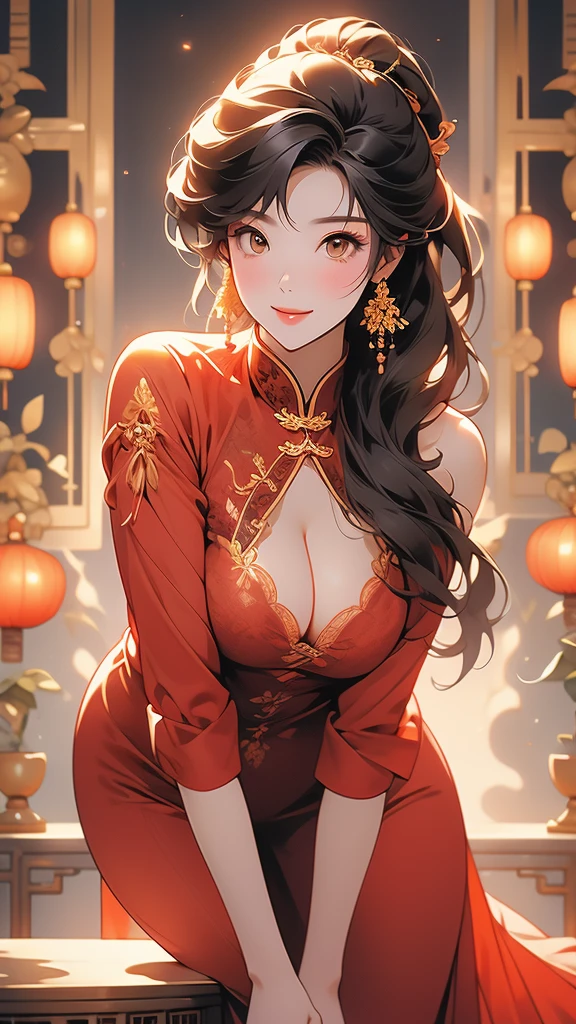 Beautiful Chinese woman with flirtatious smile, Wearing a red Tang suit with golden lace, Drop your shoulders, plump breasts, seductive cleavage, Yellow eyes, Leaning forward, Focus on the audience, state's, split, HD, UHD, Wallop, artistic sprout, long braid hair, grow long hair, realistic eyes, Very detailed目, natural skin, natural skin texture, Scattered under the surface, calm colors, skin pores, perfect face, perfect eyes, perfect lips, Soft female form, outstanding, cinematic, Cinema lights, Very detailed, surreal, masterpiece, in the atmosphere, High resolution, Lively, high contrast, Vignetting, 8K, HDR, 500 pixels, Look from above, bust