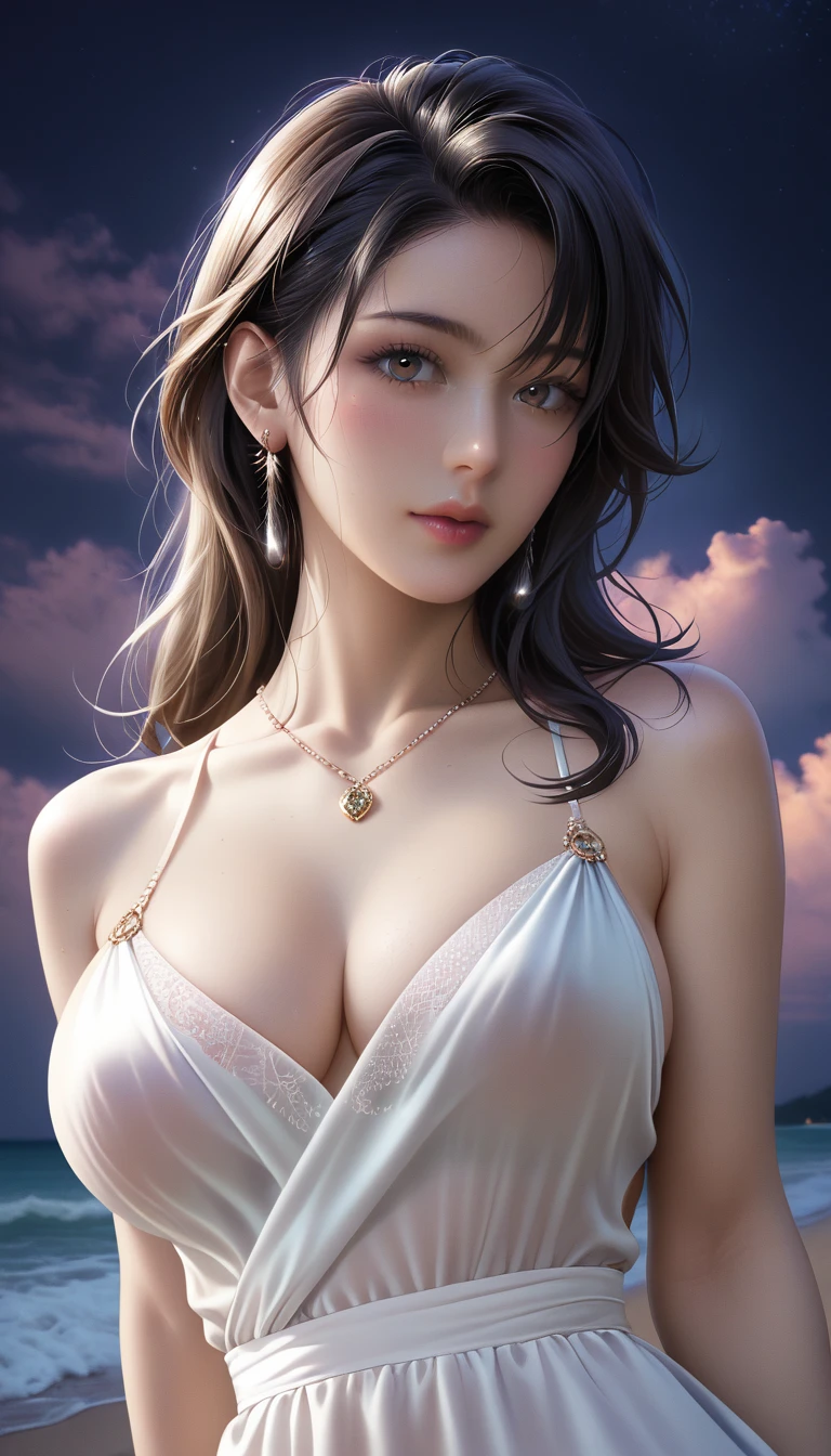 score_9, score_8_superior, score_7_superior, Masterpieces with up to 16K resolution,Highest quality,it is really amazing,Very detailed,Ultra-high resolution,(Ultra-realistic:1.1),(Realistic:1.1),Increased depth of field,Cinematic lighting,
Elegant Japanese MILF,
Long black hair,Ultra-detailed and beautiful face,Translucent white skin,Realistic skin texture,
(Elegant swimwear:1.1),
Bold design,Artistic design,Beautiful and detailed pattern,Detailed fabric texture,
Gorgeous necklace,Earrings,
(Deserted beach at night:1.4),(Dark night sky with dark clouds:1.4),
(Dramatic Angle:1.1),