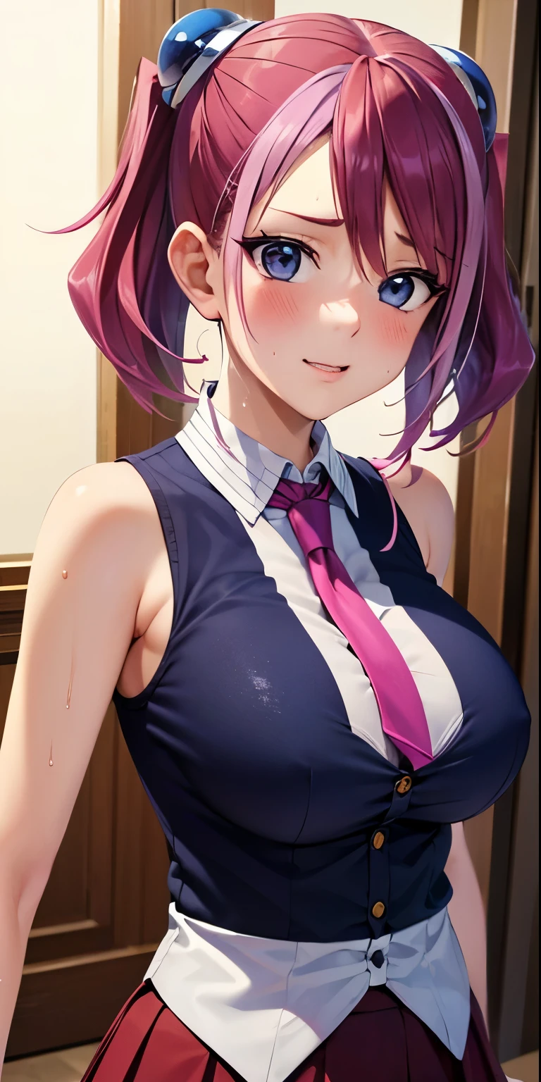 1 Female,High definition,high resolution,Ultra-realistic,8K, hy1, hair ornament, multicolored hair, necktie, skirt, sleeveless, , pink skirt, tight skirt,miniskirt, jewelry,European,sexy,Upper body close-up,Photographed from the front,Dynamic Angles,(blush), big tits , happy, wink the eye,facial, sweat,multicolored hair