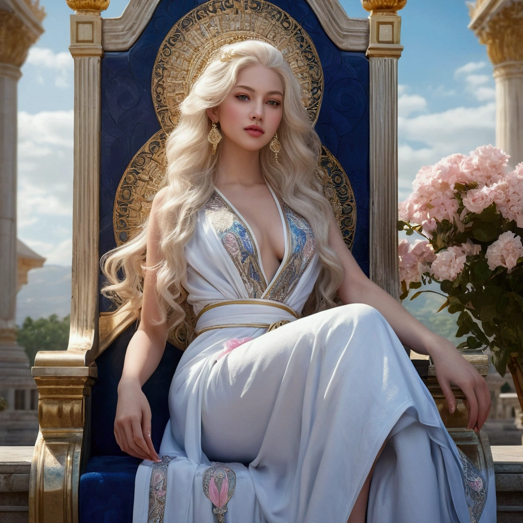 ((best quality)) ((artwork)) Appearance Details Species: Human Age: 20 Hair: Platinum blonde, quite long and abundant Eyes: Blue Body: 5'5", light skin, lean and curvy Face: Young, beautiful, delicate features and full lips Features: Light pink lipstick Clothing: Simple white, sleeveless robe Pose: Sitting on Polaris' throne. Landscape: palace Art.