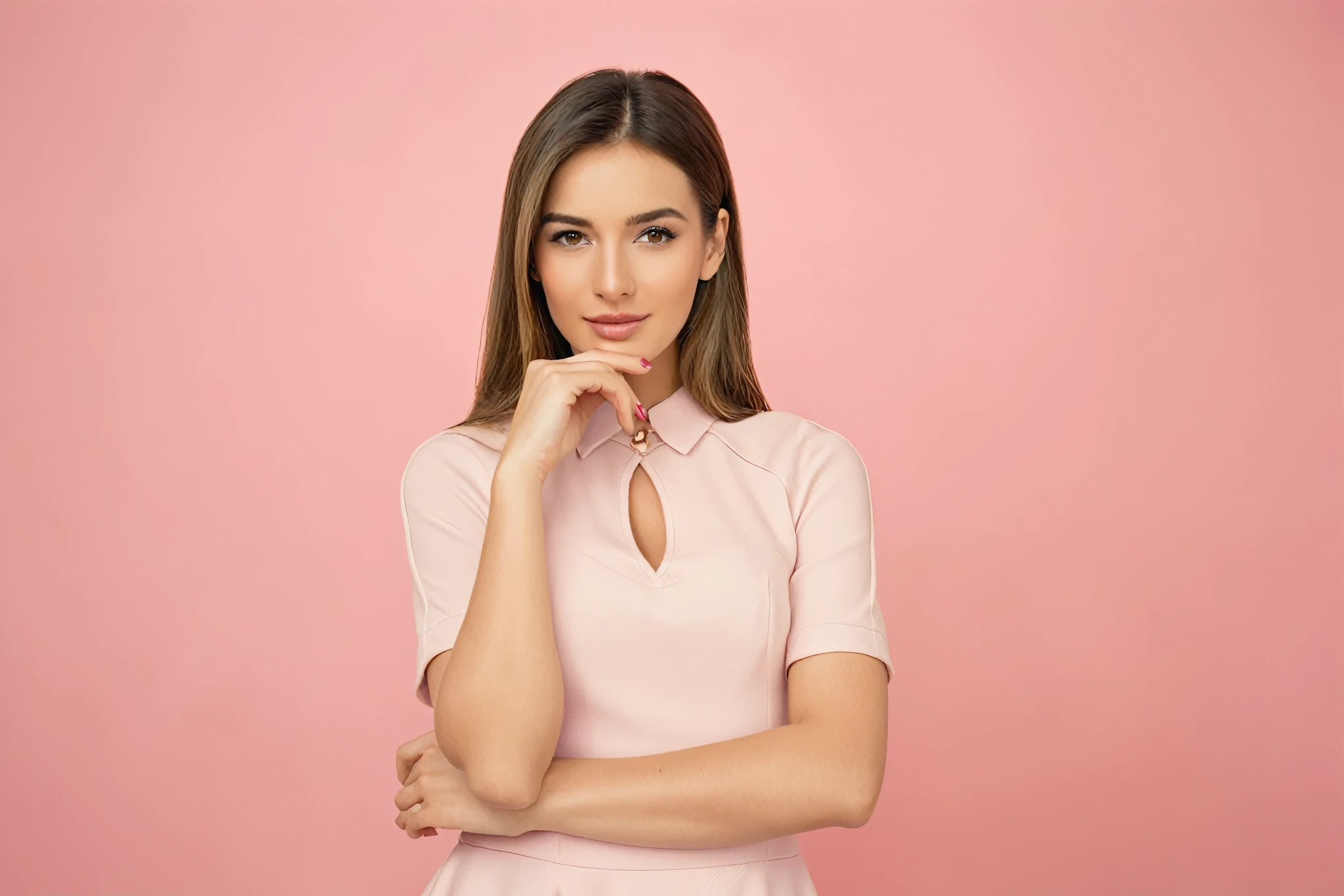 arafed woman in a white dress posing with her Hand on his chin, wearing a pink dress, Sophisticated young woman, attractive woman, dressed in a pink dress, cute woman joven, a cute woman joven, portrait of a cute woman, Hand on his chin, cute woman, attractive young woman, lovely woman, pink girl, woman posing